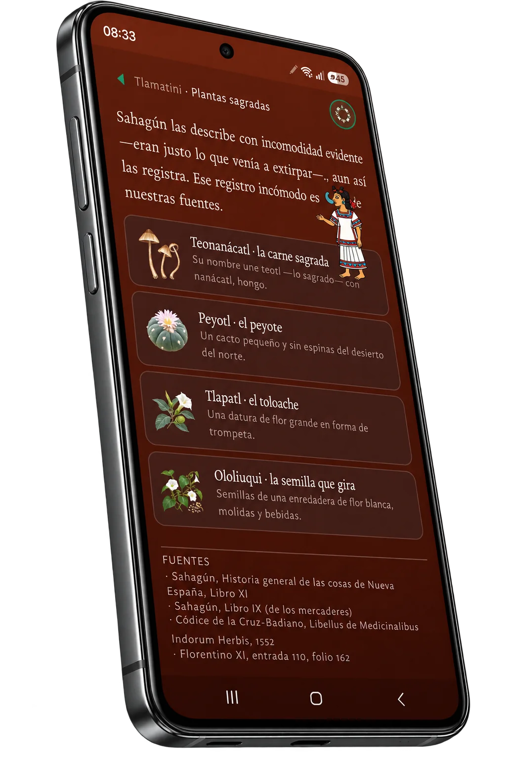La pantalla de plantas sagradas en la app, con sus cuatro fichas y sus fuentes
