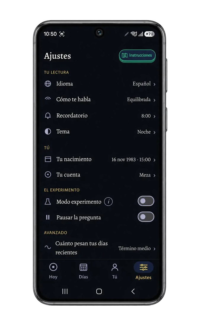 Ajustes: el idioma, cómo te habla la lectura, el recordatorio y el tema.